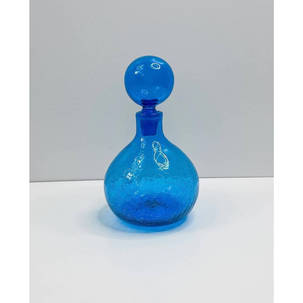 Blenko Blue Crackle Glass Decanter with Ball Top